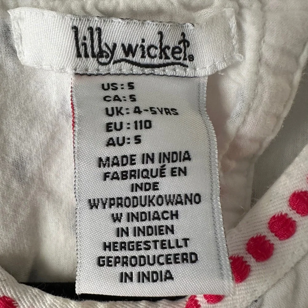 Lilly‎ Wicket Dress Girls 5 White Navy Diamond Pink Trim Open Back Good Cotton